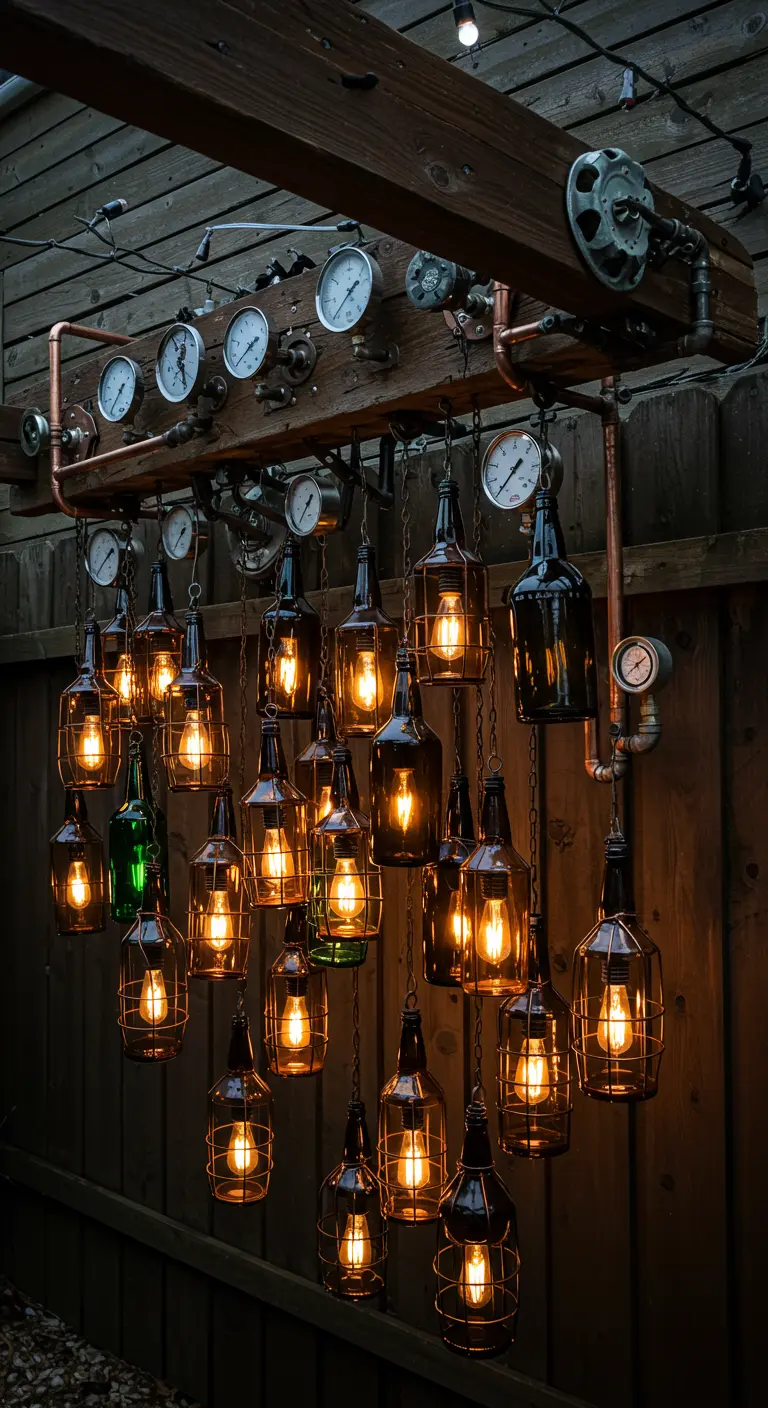 A complex steampunk-style light fixture with dark bottles, copper pipes, and gauges.