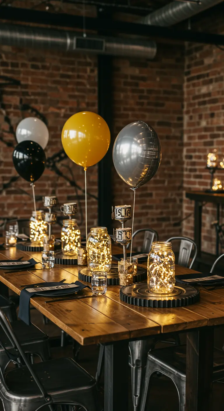 Mason jar lights on metal gears on a table in an industrial loft.