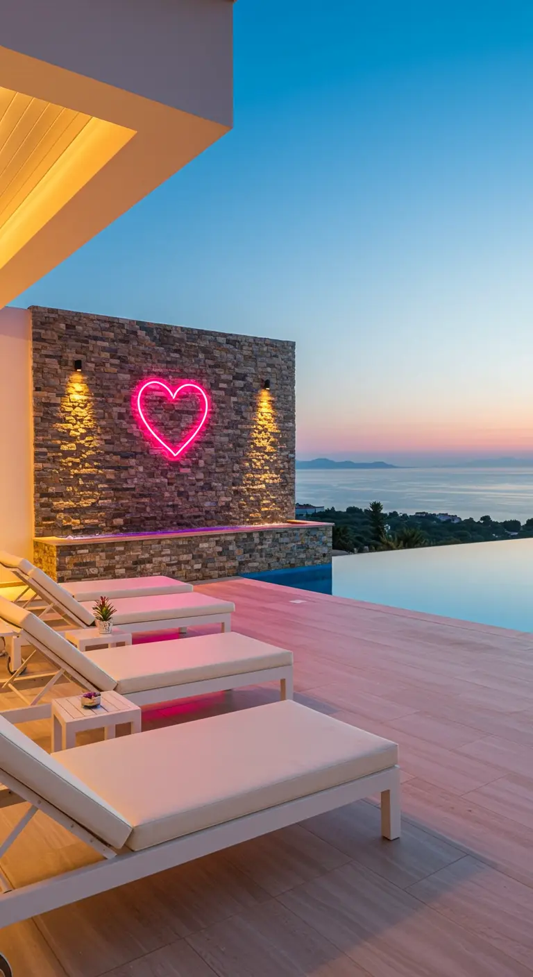 A luxury poolside patio with white loungers and a pink neon heart on a stone feature wall.