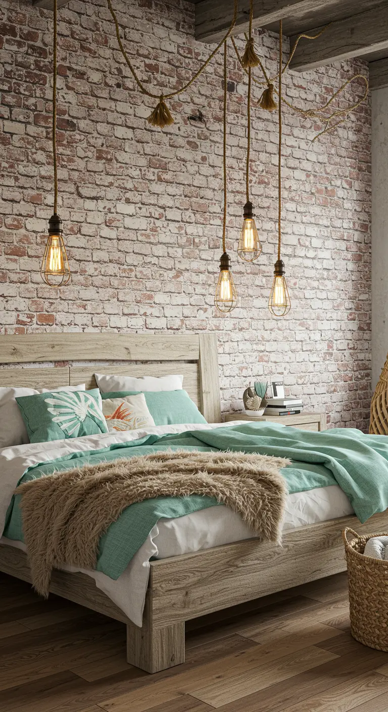 A coastal-industrial bedroom with a whitewashed brick wall and aqua-colored bedding.