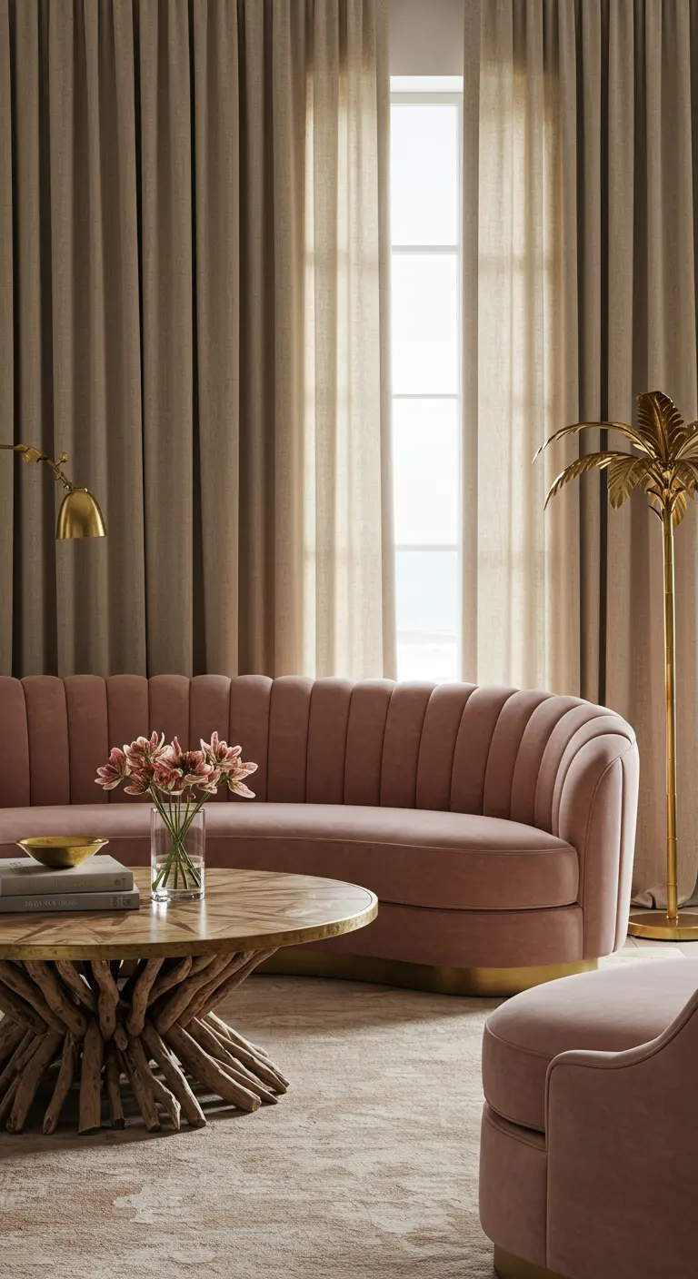 Elegant living room with a dusty rose velvet sofa and a driftwood bundle coffee table.