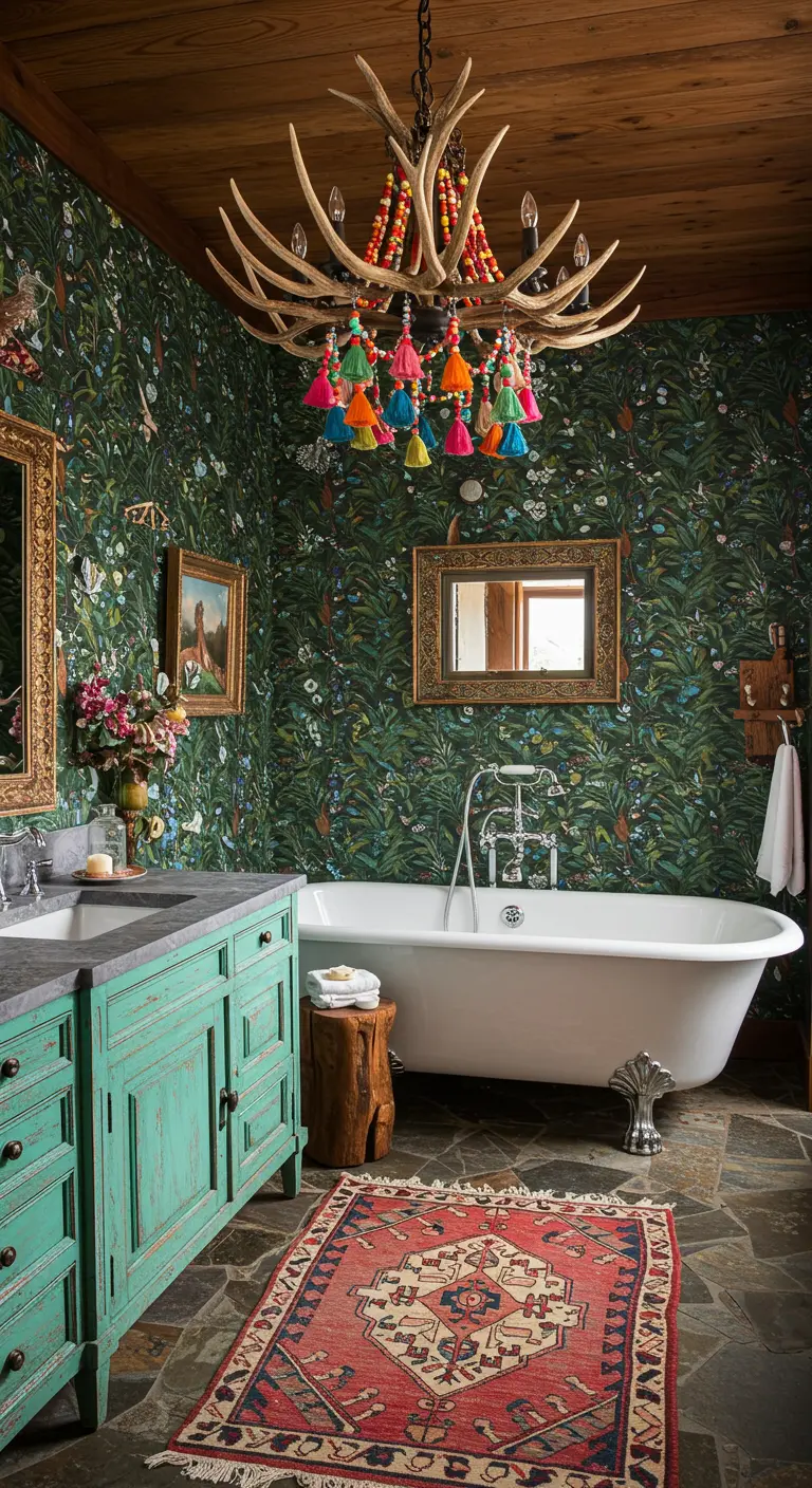 Eclectic bathroom with floral wallpaper, a teal vanity, and a colorful tassled antler chandelier.
