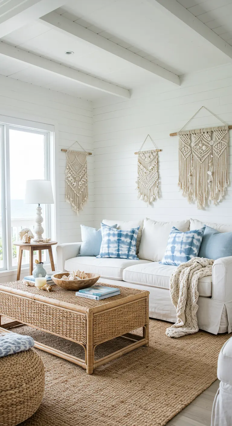 Coastal living room with a white sofa, blue tie-dye pillows, and macrame wall art.