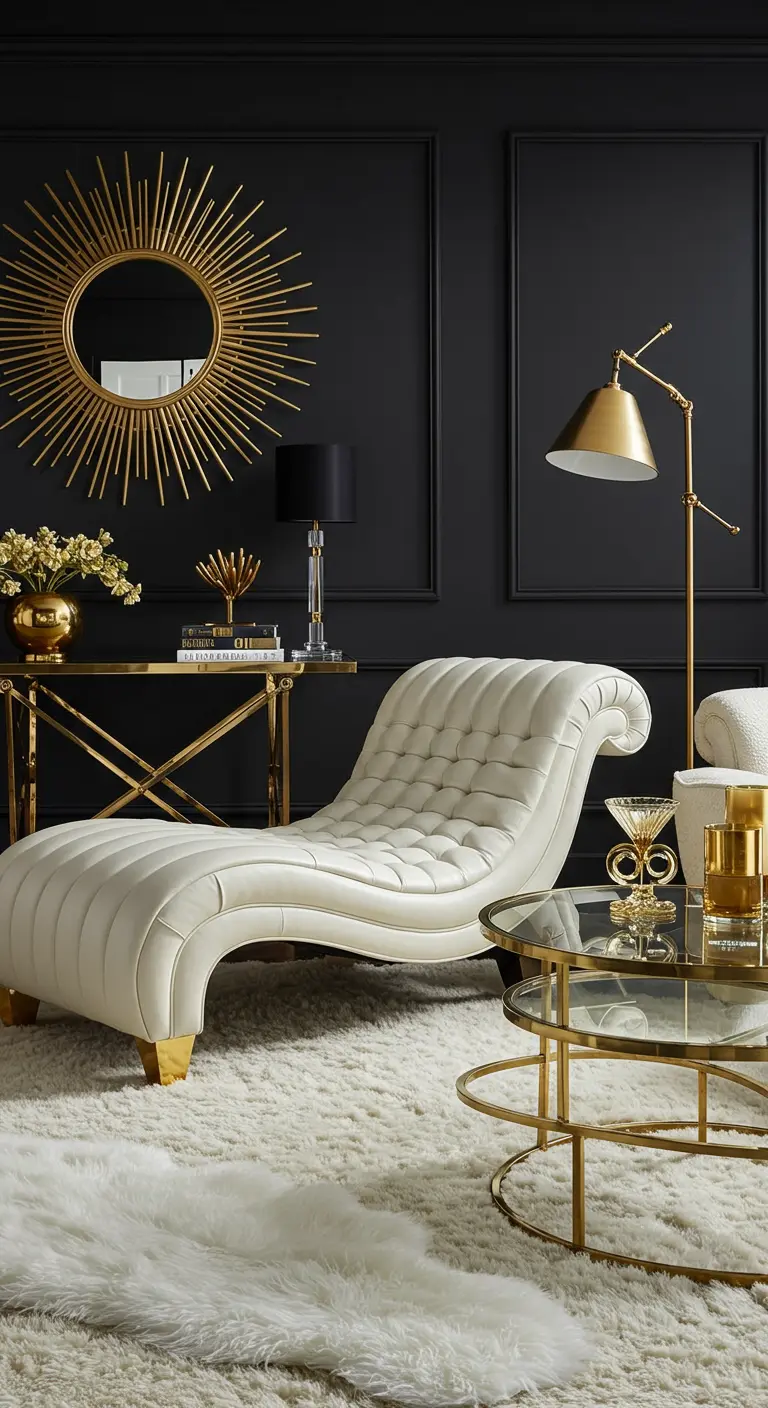 Ornate tufted white chaise in a black room with gold accents, including a sunburst mirror.