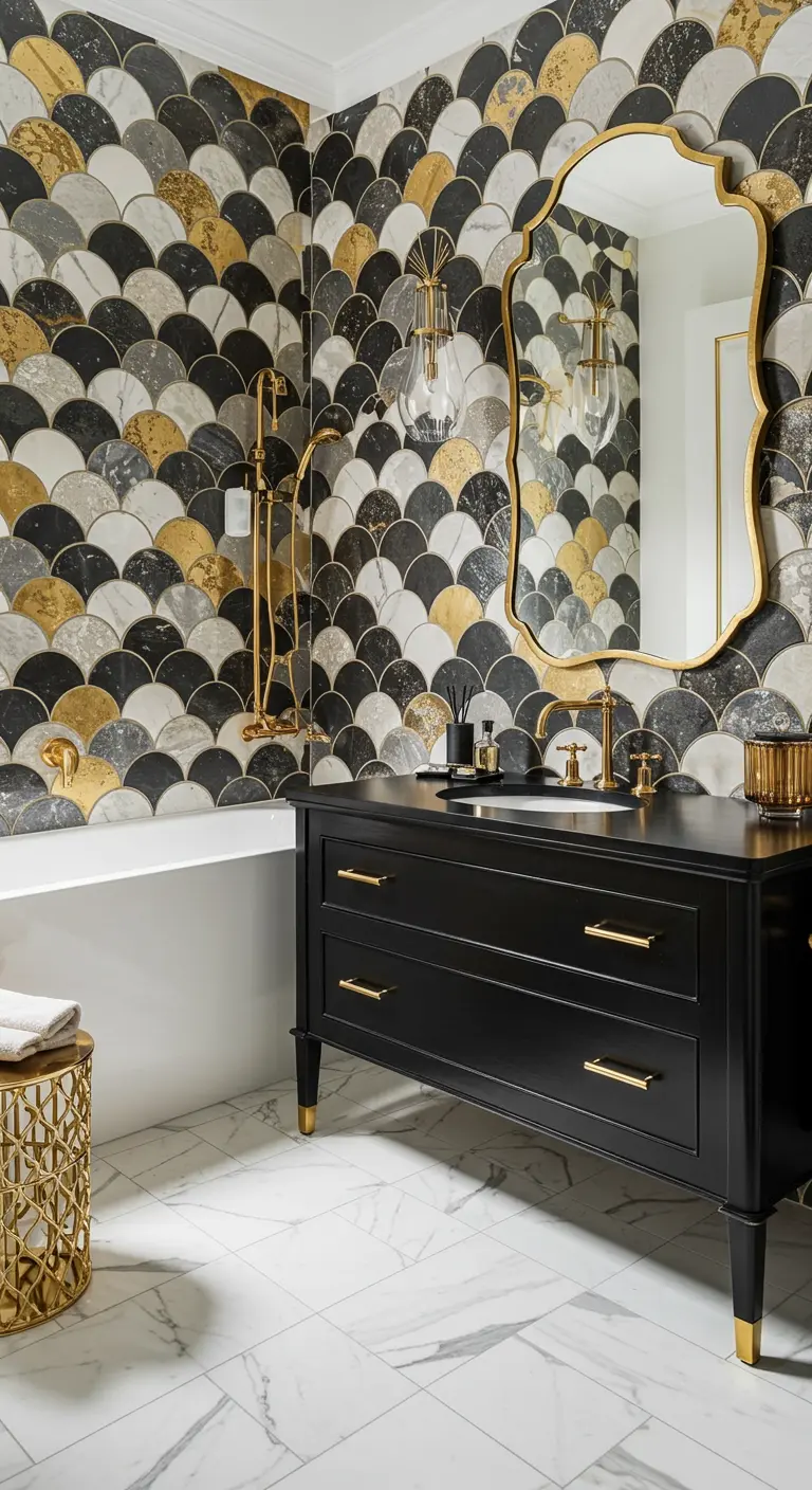 Glamorous accent wall with black, gold, and marble-look scallop tiles.