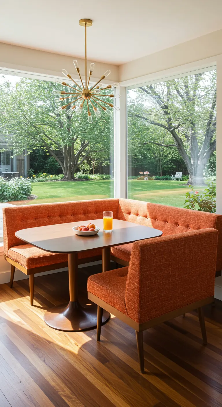 A mid-century modern breakfast nook with orange banquette seating and a sputnik chandelier.