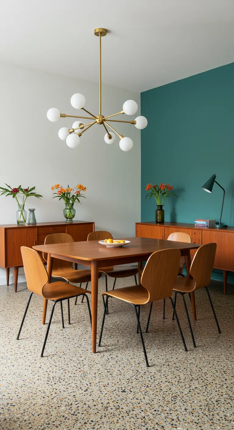Mid-century modern dining room with wood furniture, a teal wall, and terrazzo flooring.