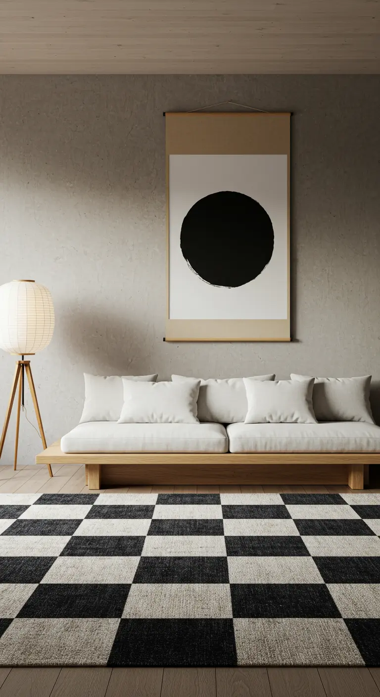 Japandi-style living room with a low wooden sofa, a paper lantern, and a checkerboard rug.