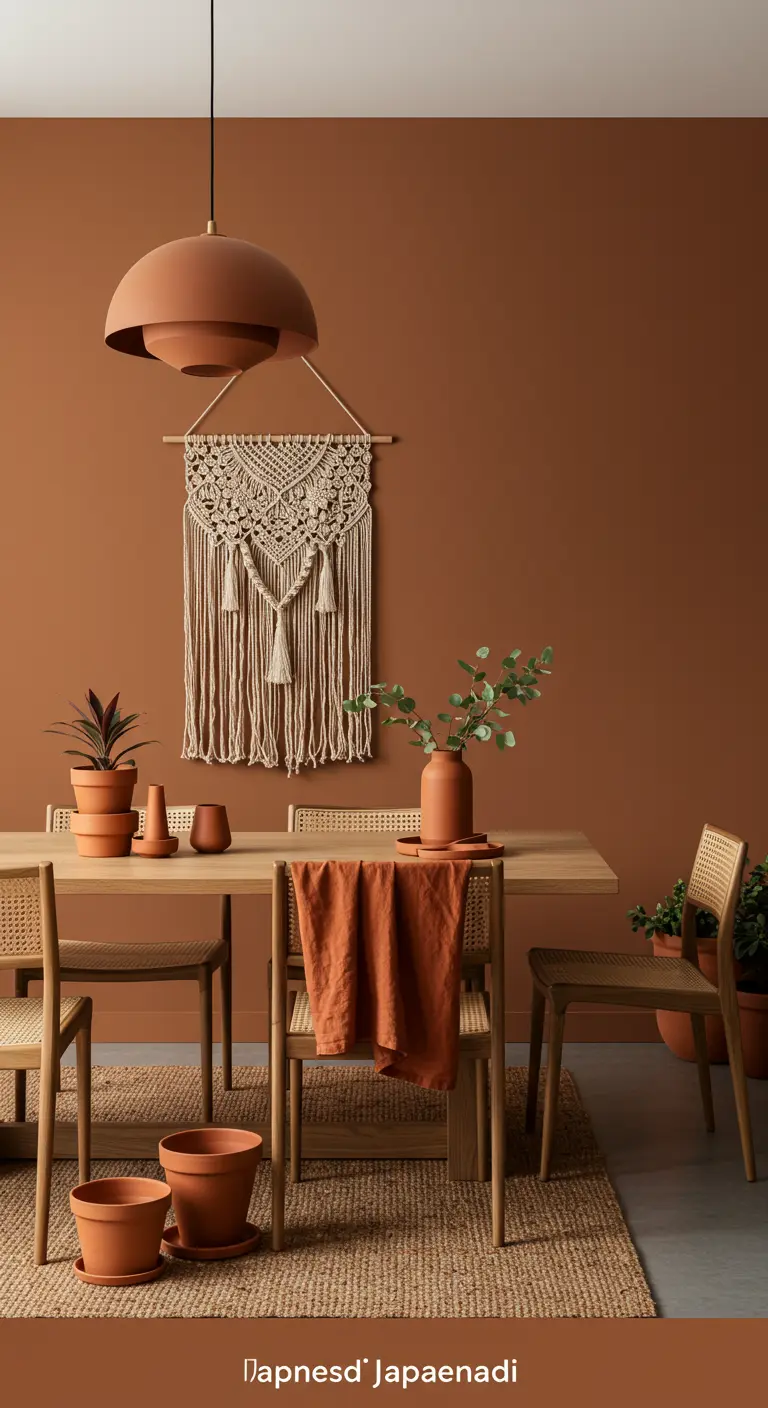 A warm, terracotta-colored dining room with a macrame wall hanging and rattan chairs.