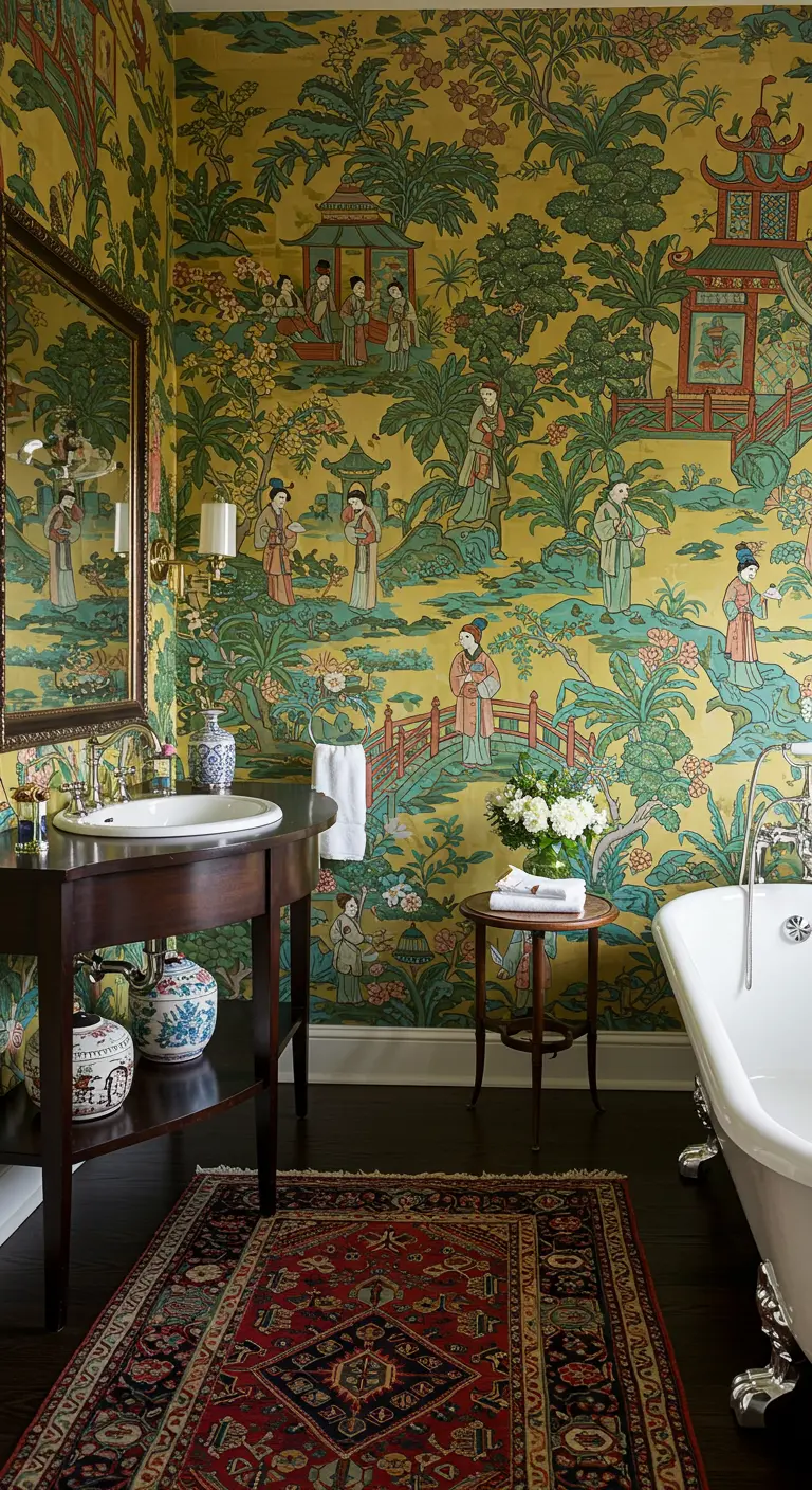 Bathroom with yellow Chinoiserie wallpaper and a dark wood vanity.