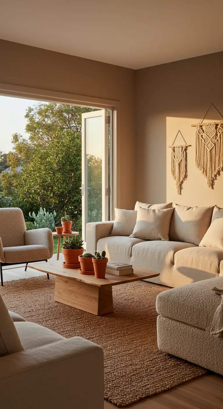 Sunlit bohemian room with a linen sofa, macrame hangings, and terracotta planters.