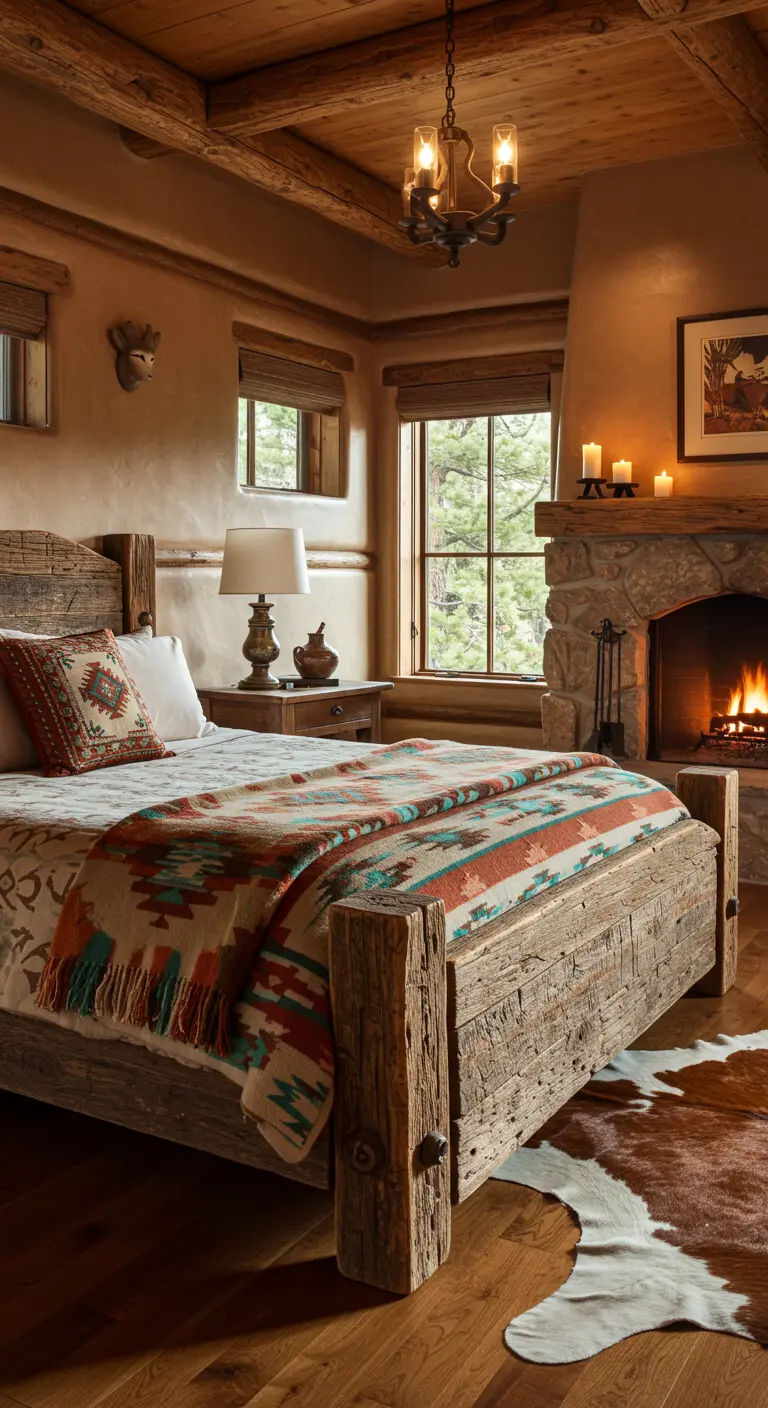 Rustic bedroom with a heavy wood bed, Southwestern-patterned blanket, and a cowhide rug.