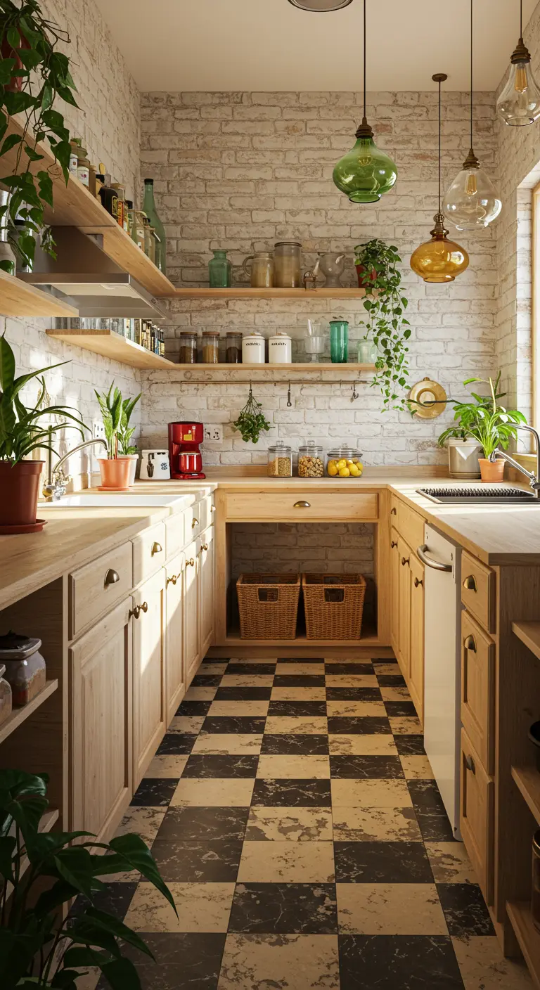 Bohemian-style kitchen with light wood cabinets, lots of plants, and a checkerboard floor.