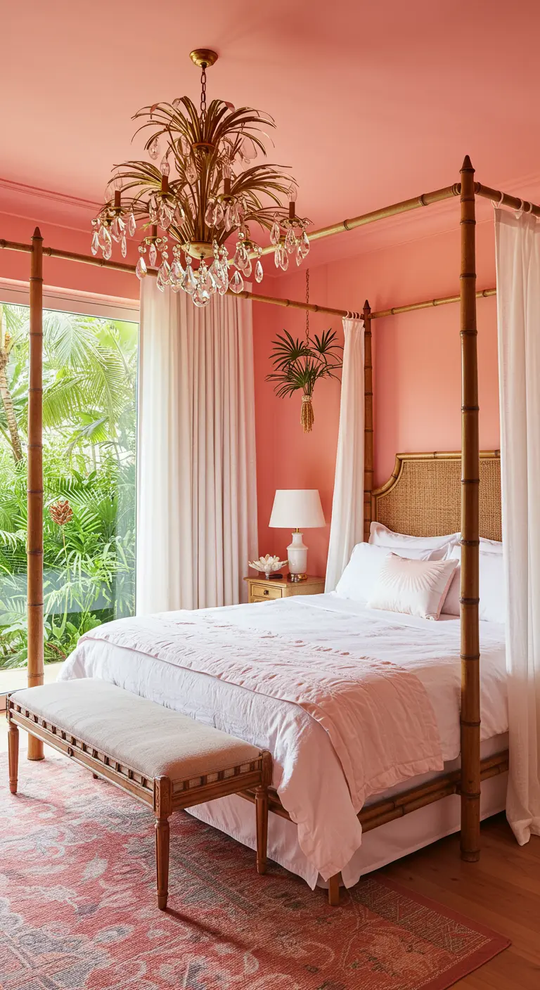 Tropical bedroom with a coral-pink ceiling, bamboo four-poster bed, and crystal chandelier.
