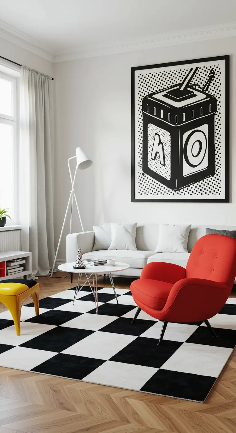 Black-and-white living room with a bright red armchair and pop art on the wall.