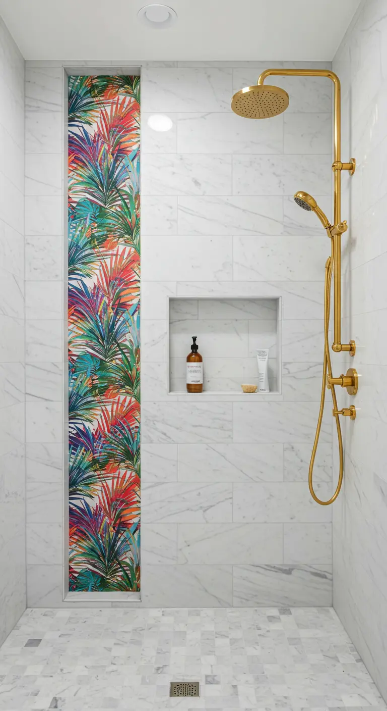White marble shower with a colorful vertical palm-print accent tile strip and gold fixtures.