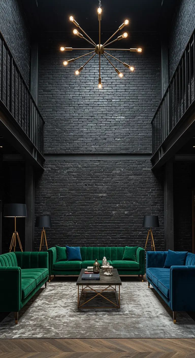 Emerald and blue velvet sofas with a brass sputnik chandelier in a tall black brick room.