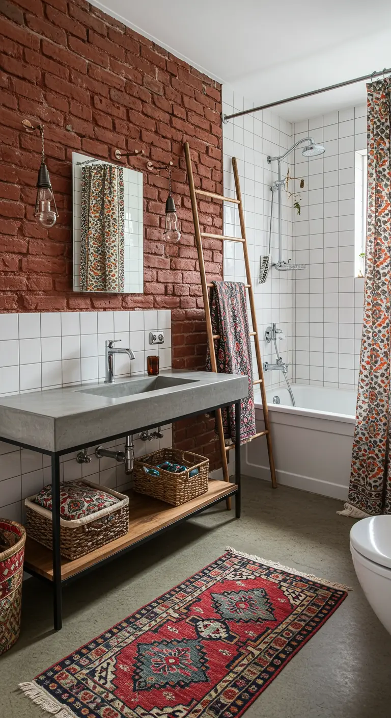 An industrial bathroom with a concrete vanity, made vibrant with a colorful rug and shower curtain.