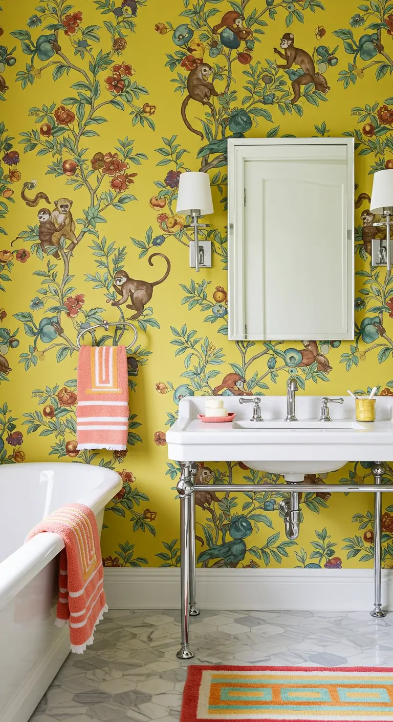 Playful bathroom with yellow Chinoiserie wallpaper featuring monkeys.