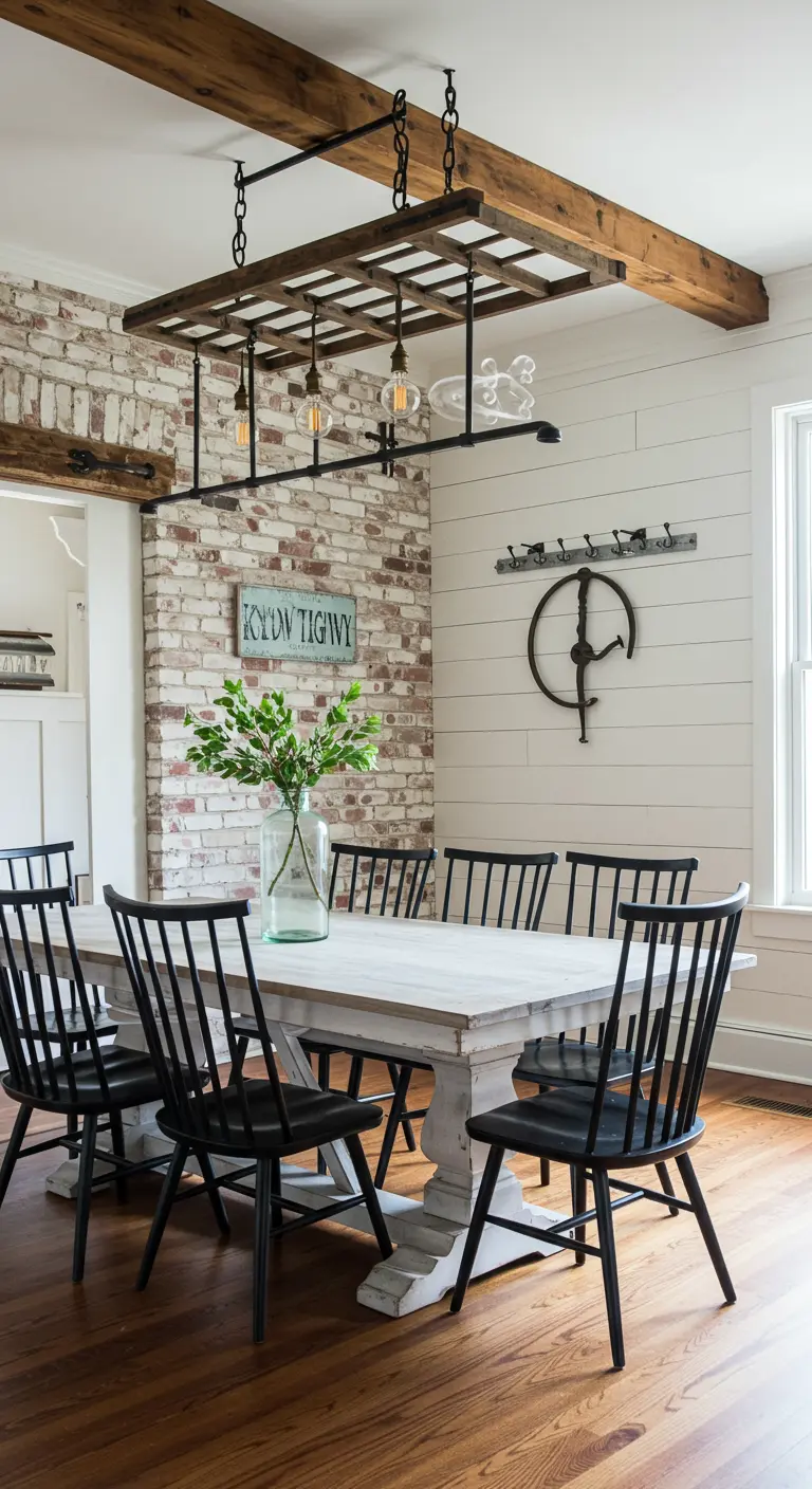 Dining room with a light fixture made from an old window frame hanging over the table.