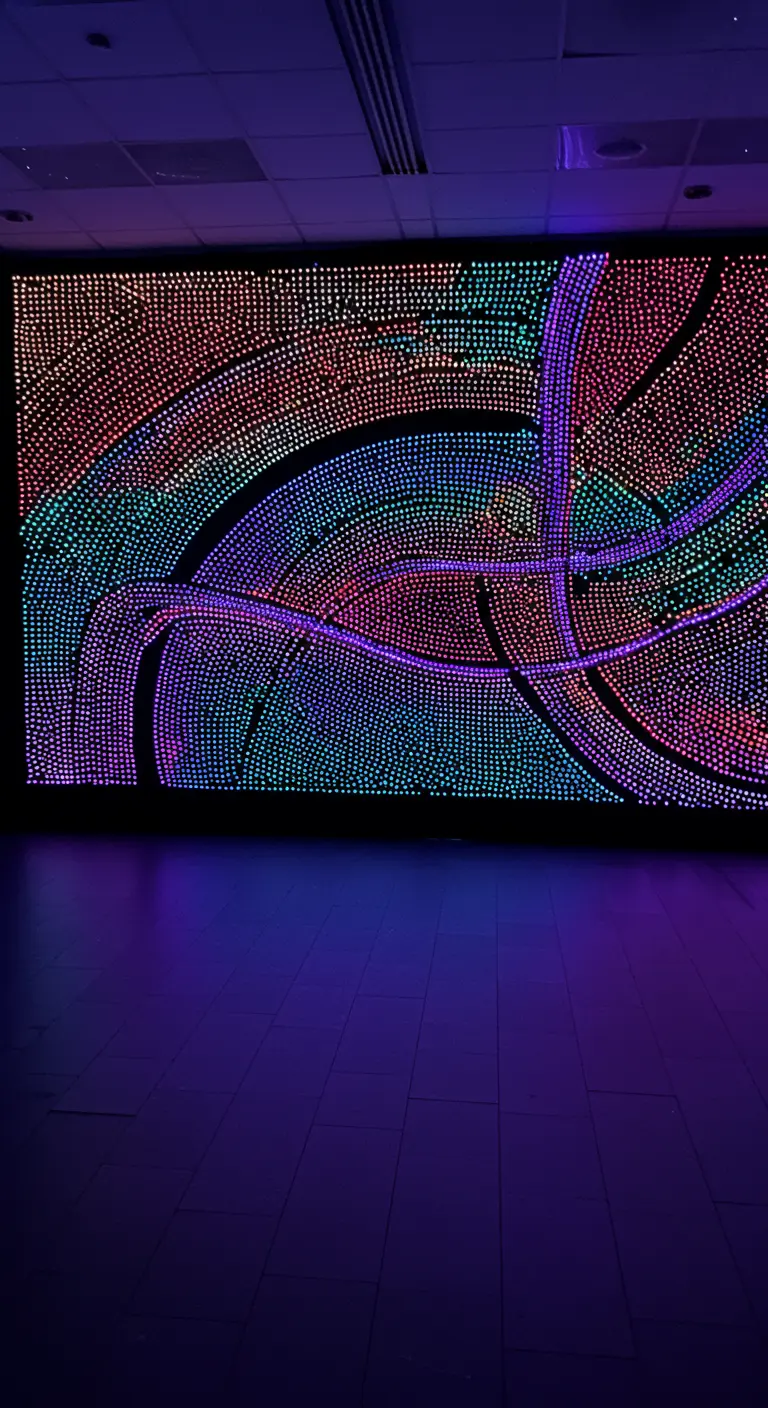 A giant wall-sized art piece made of thousands of colorful glowing dots, like a Lite-Brite.