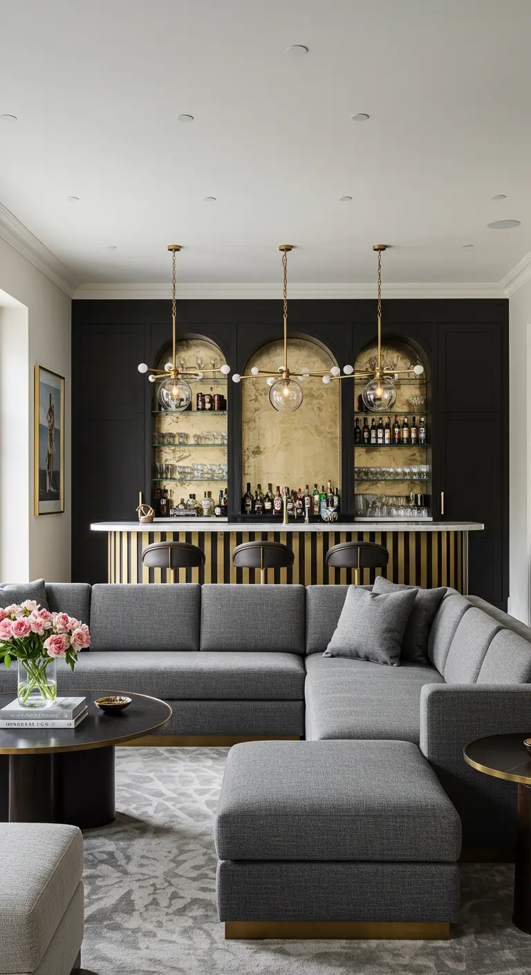 A living room with a sophisticated home bar featuring black and brass details.