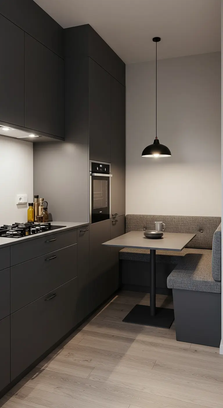 Dark grey kitchen with a built-in upholstered banquette dining nook under a single pendant light.