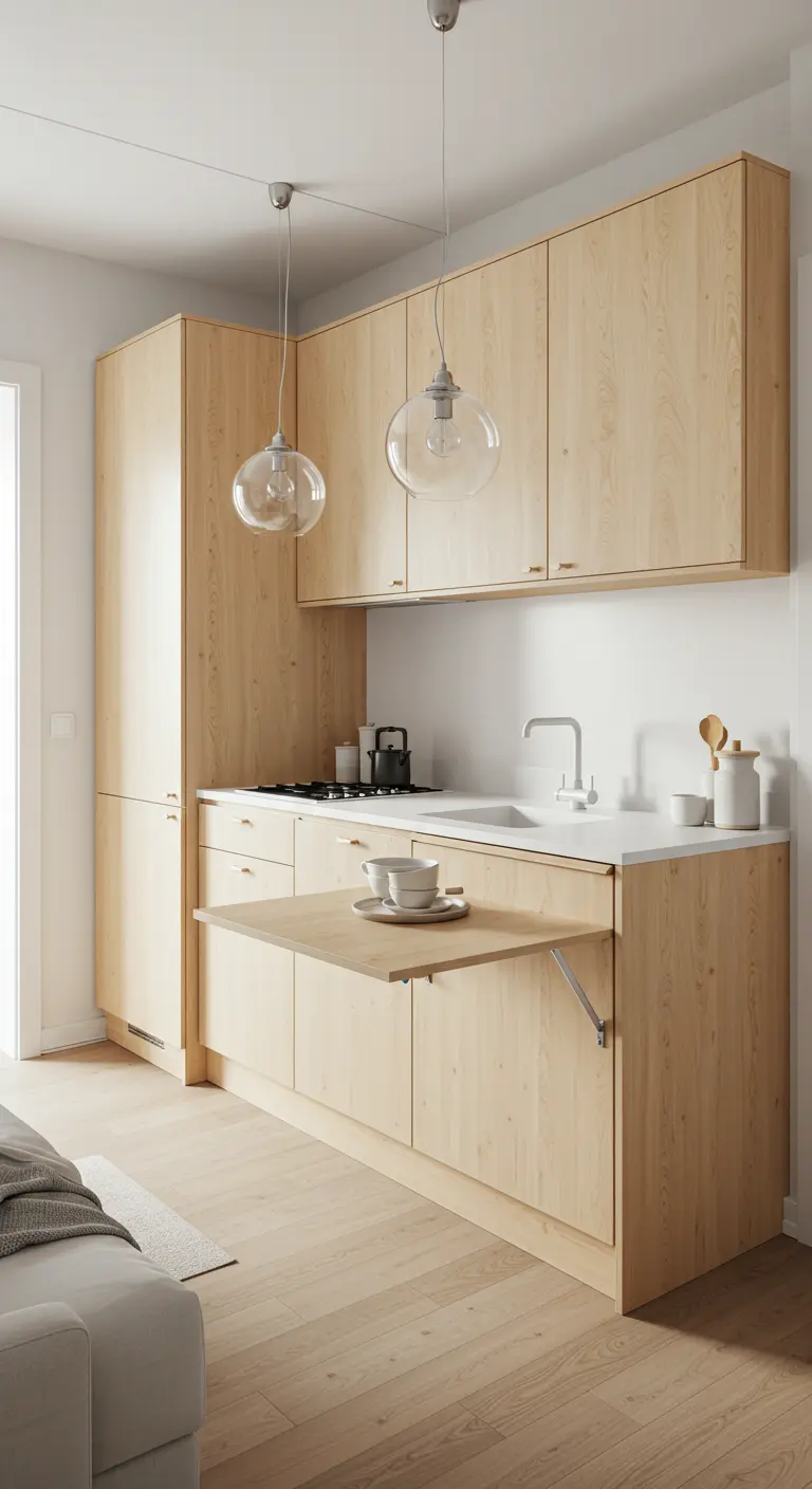 Minimalist light wood kitchen with an integrated pull-out dining table.