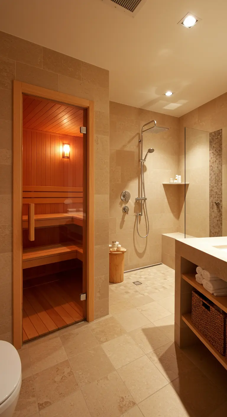Bathroom with a walk-in shower and an adjacent personal cedar sauna.