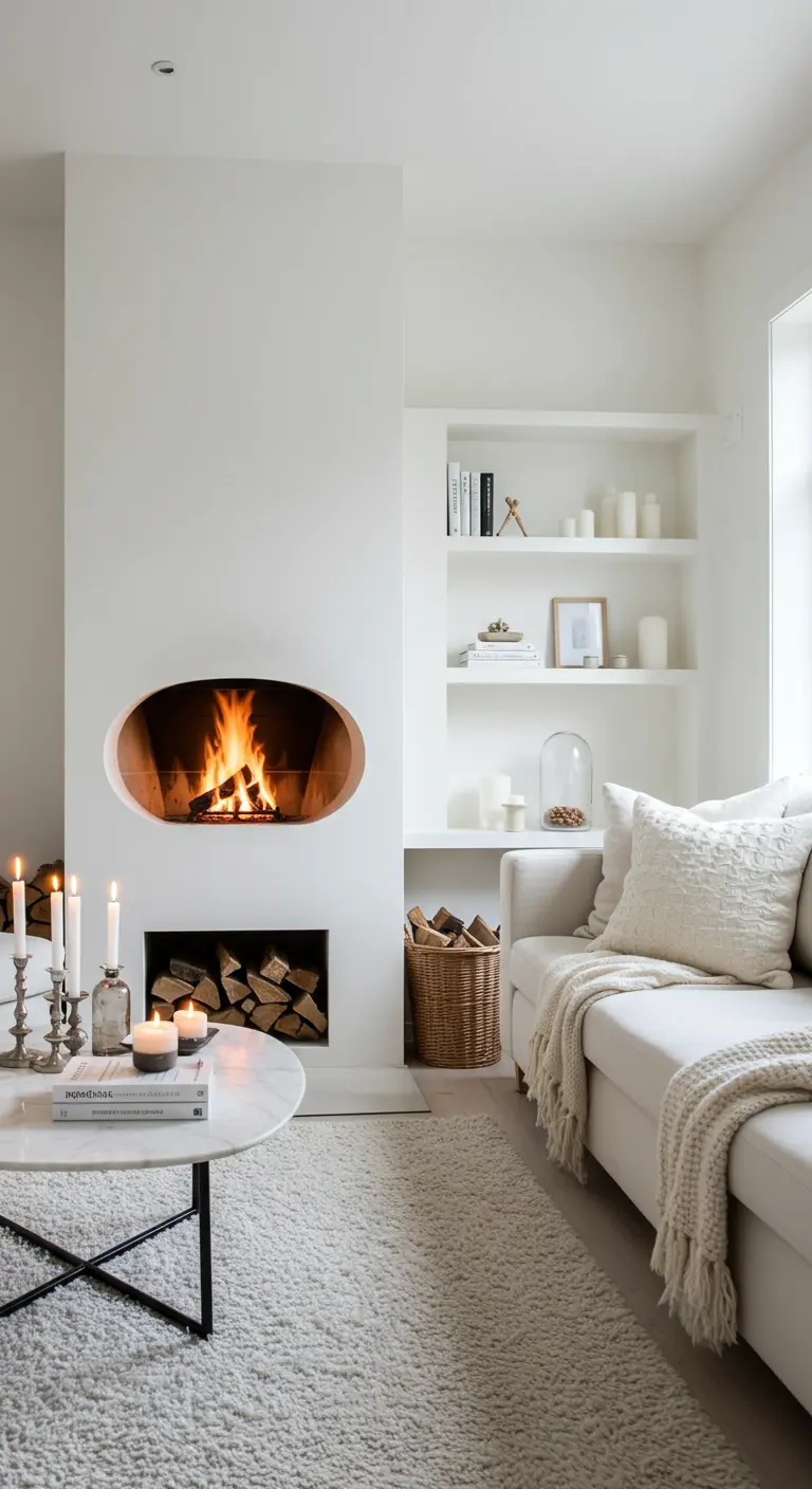 Modern living room with a white recessed fireplace, built-in shelves, and a cozy sofa.