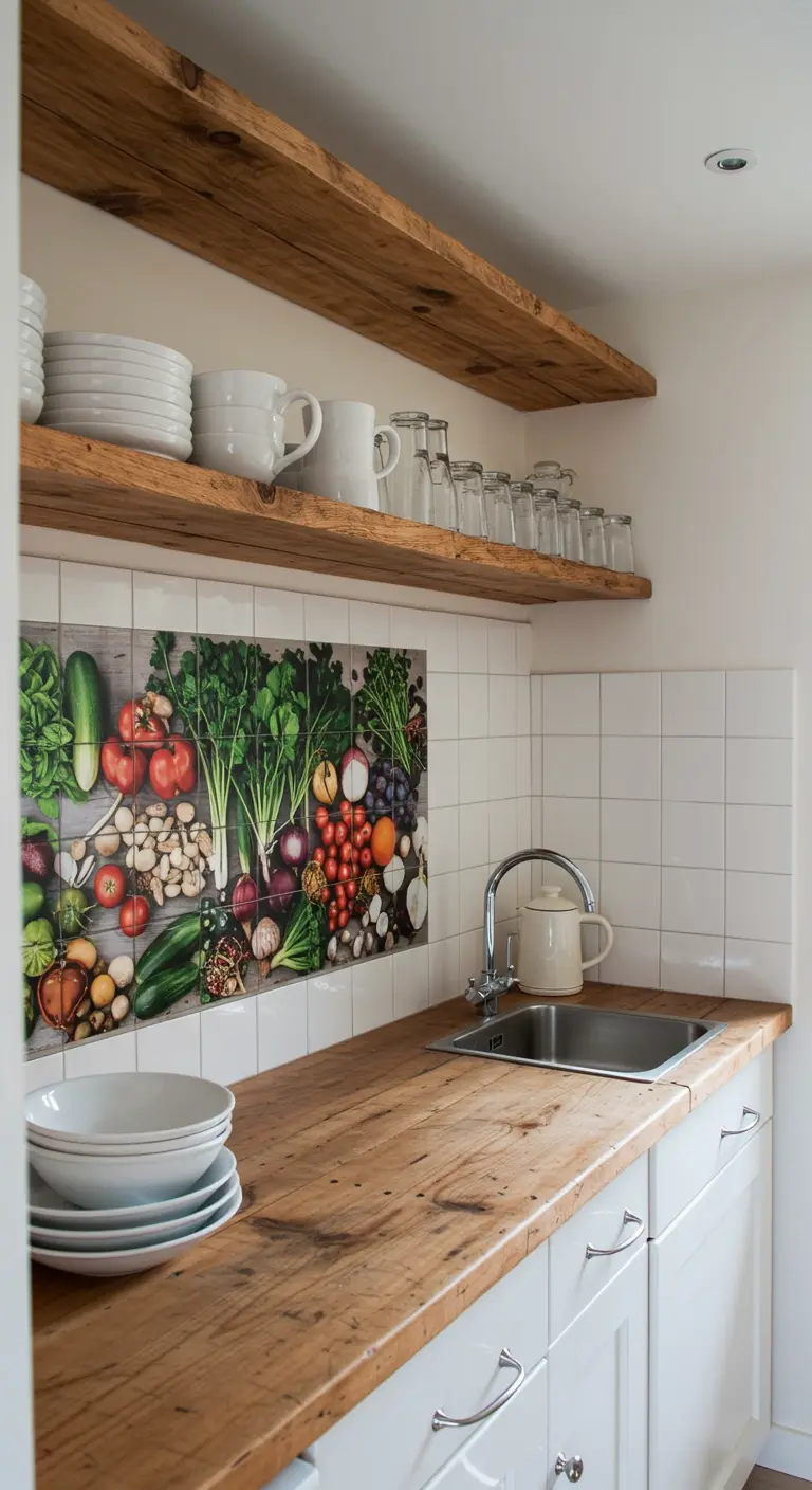 A tiled backsplash behind a kitchen sink features a colorful mural of fresh vegetables.
