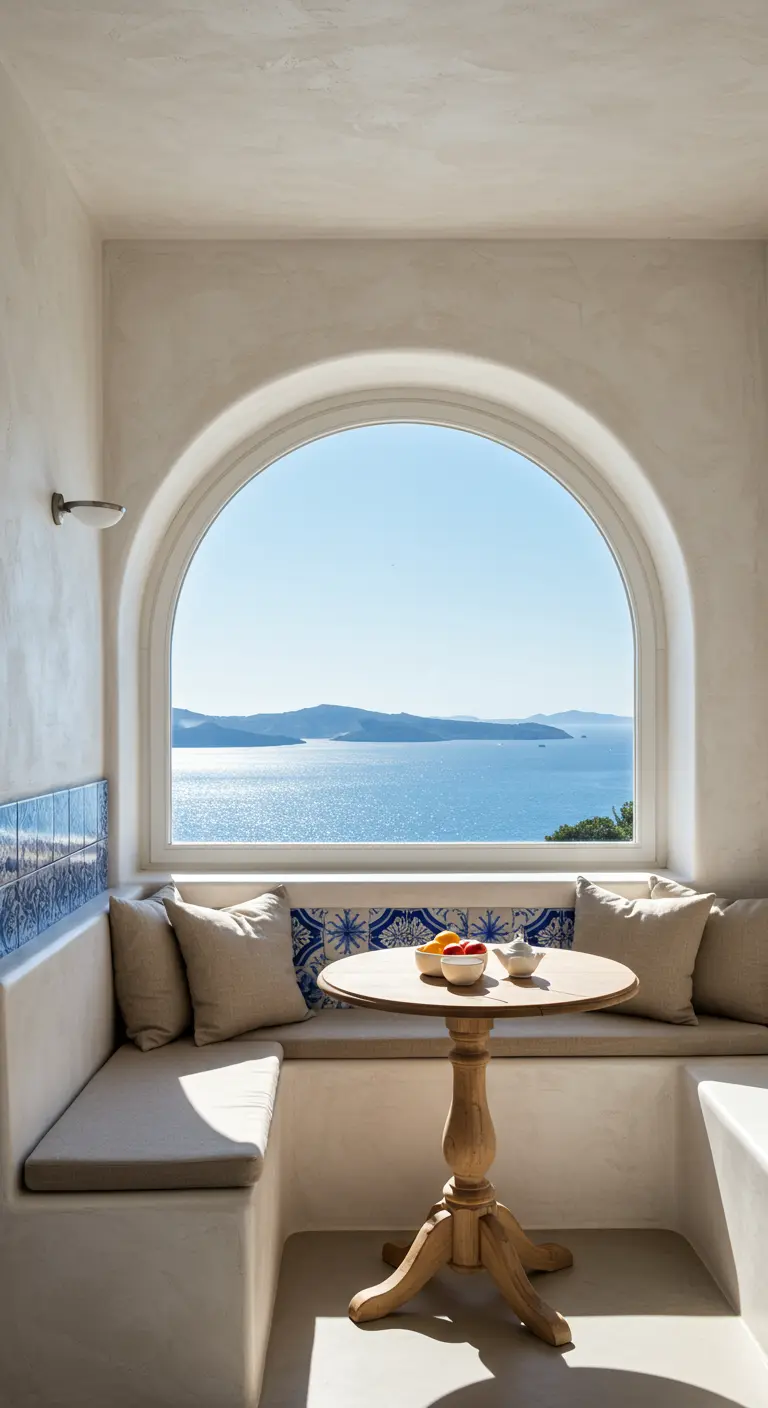 A Mediterranean-style nook with plaster walls, a tile accent, and an arched window sea view.