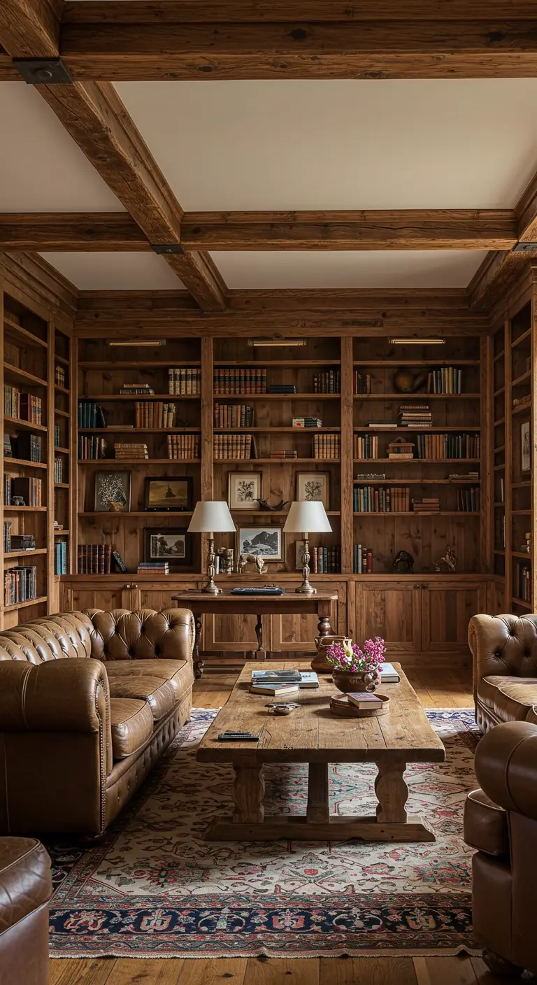 Traditional library with wood-paneled walls, built-in bookshelves, and two leather Chesterfield sofas.