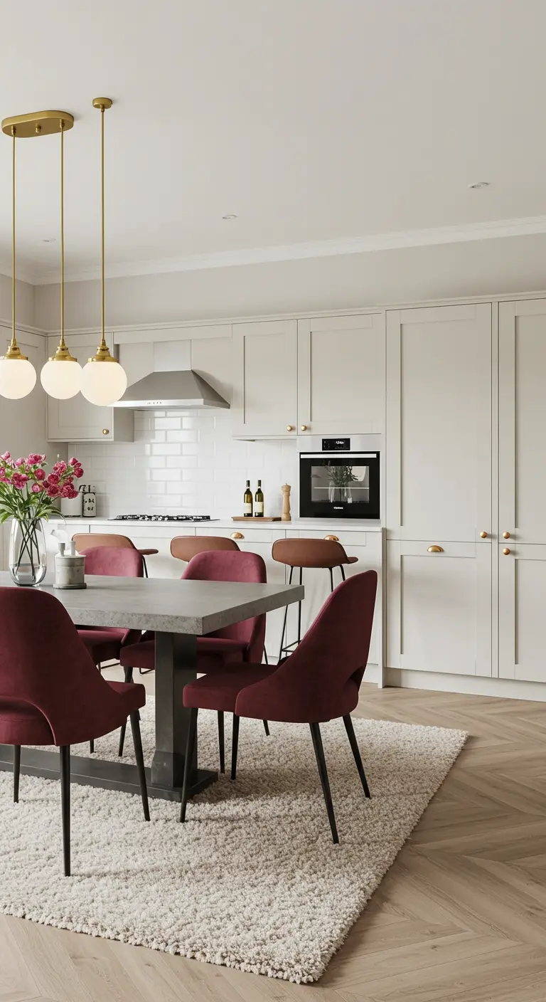 Eat-in kitchen with rose velvet chairs, brass pendants, and off-white shaker cabinets.