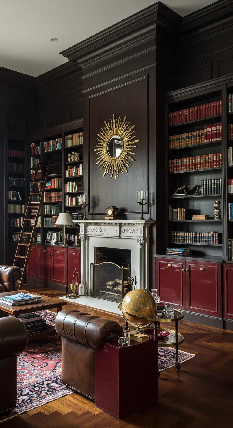 A dark wood library with built-in bookshelves and glossy red lacquer lower cabinets.
