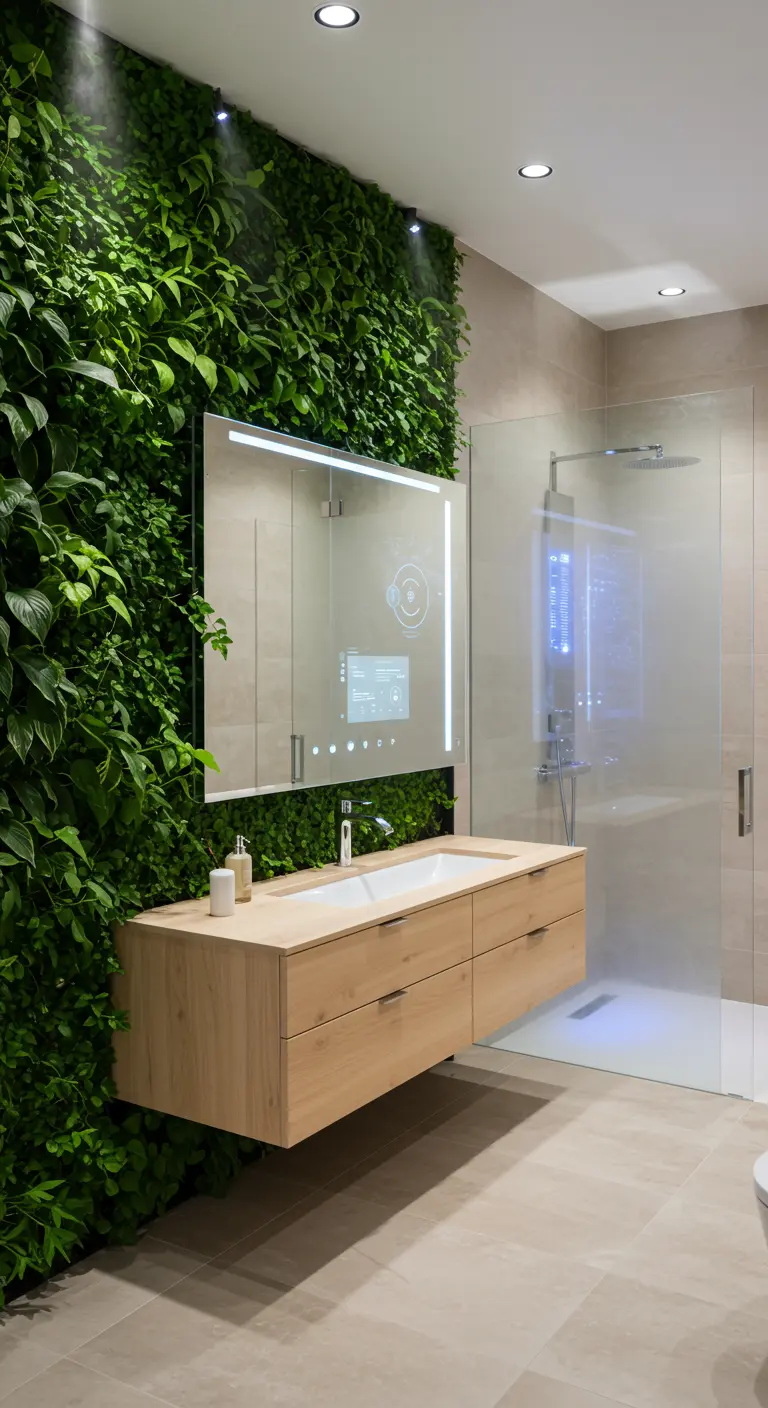 Smart bathroom with a living green wall and a light wood vanity.