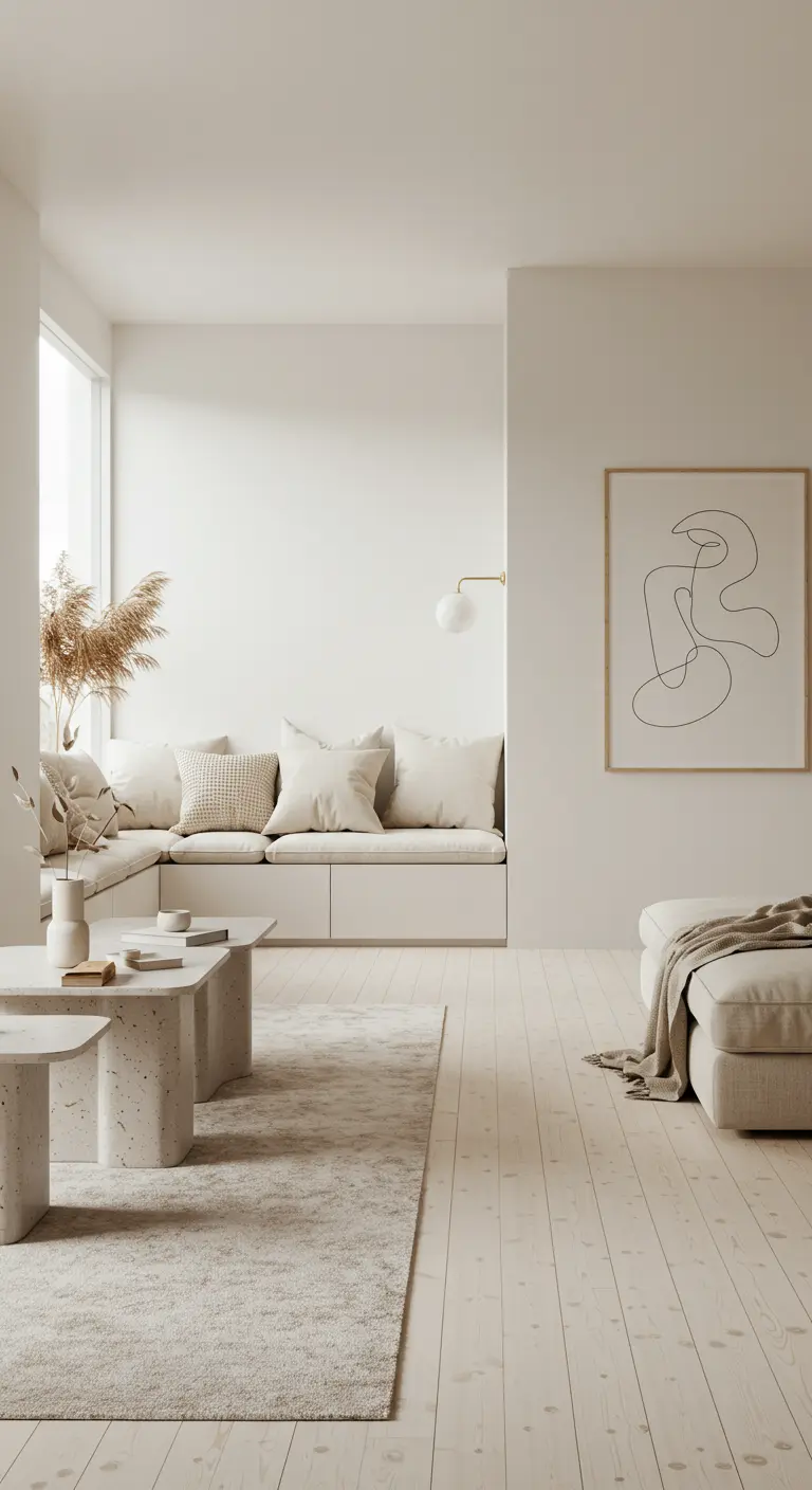 A minimalist living space with white built-in seating and a speckled terrazzo coffee table.