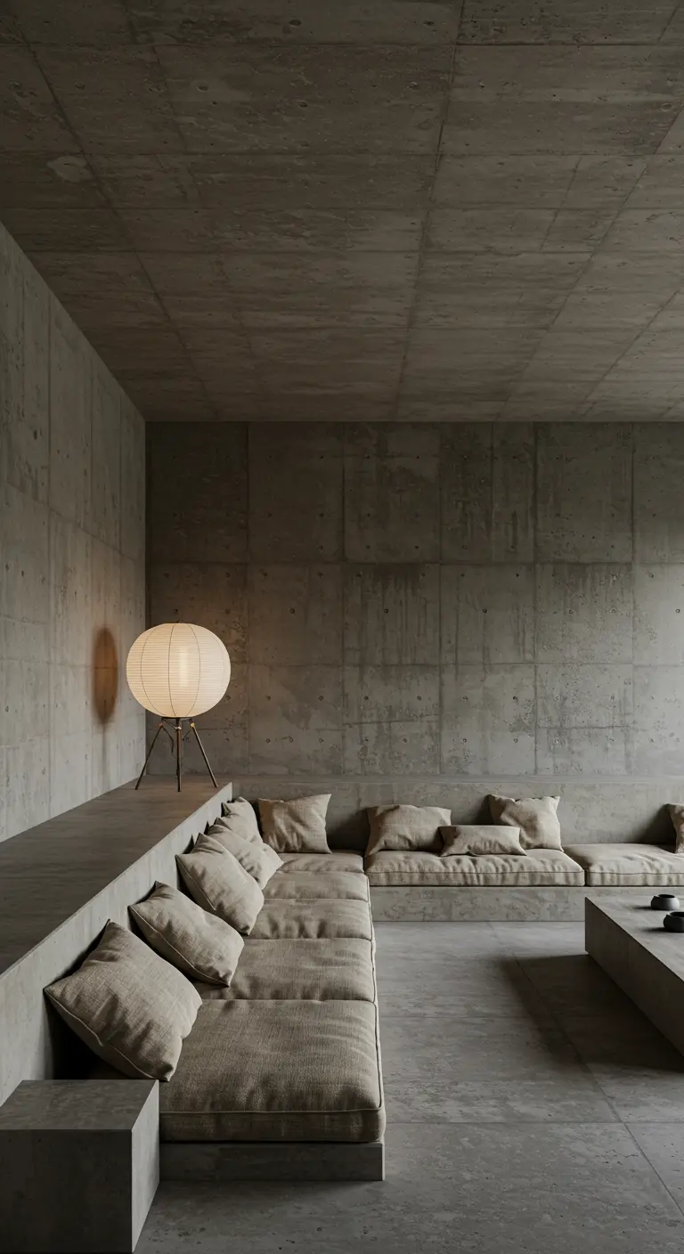 A living room with walls and a built-in sectional sofa all made of concrete.
