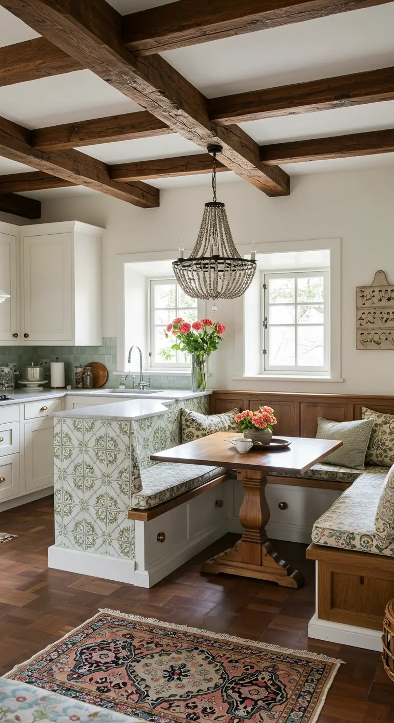 A kitchen island that extends into a tiled banquette with built-in seating around a dining table.