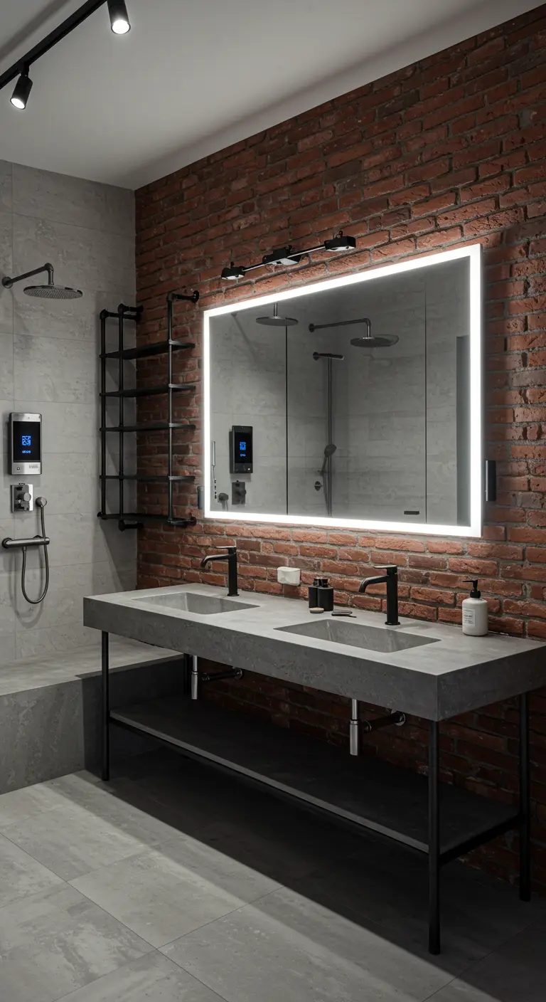 A modern industrial bathroom with a brick wall and a large, illuminated smart mirror over a double vanity.