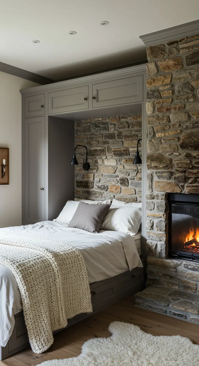 Bed set in a grey built-in unit against a stone wall next to a fireplace.