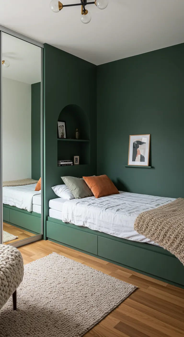 Dark green bedroom with a built-in bed and a recessed arched shelf used as a nightstand.