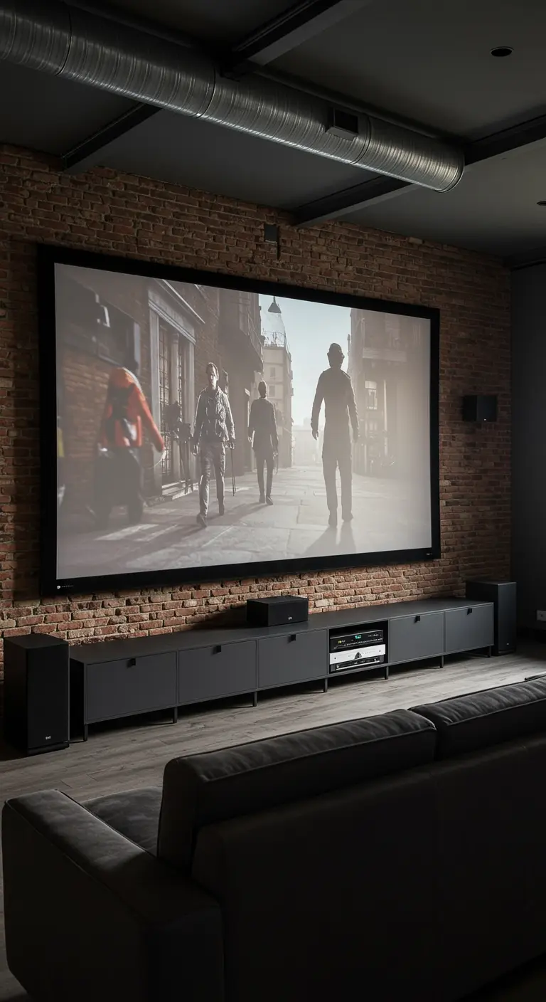 A large projector screen mounted on a brick wall above a long black media console.