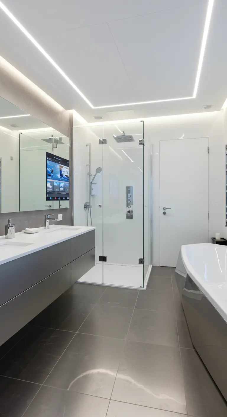 Modern gray bathroom with a smart mirror that has a television screen built into it.