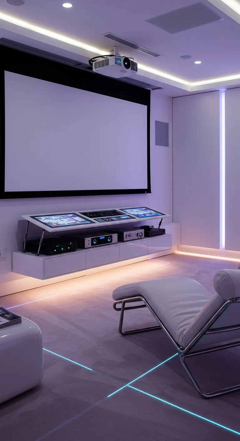 A sleek home theater with a floating console, integrated screens, and ambient LED lighting.