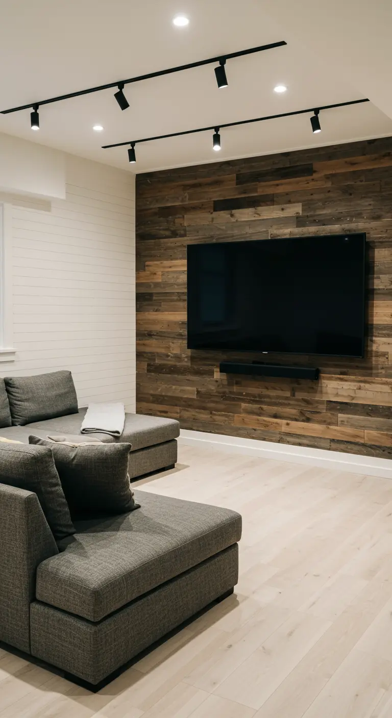 Media room with a large TV mounted on a reclaimed wood accent wall and a gray sectional sofa.