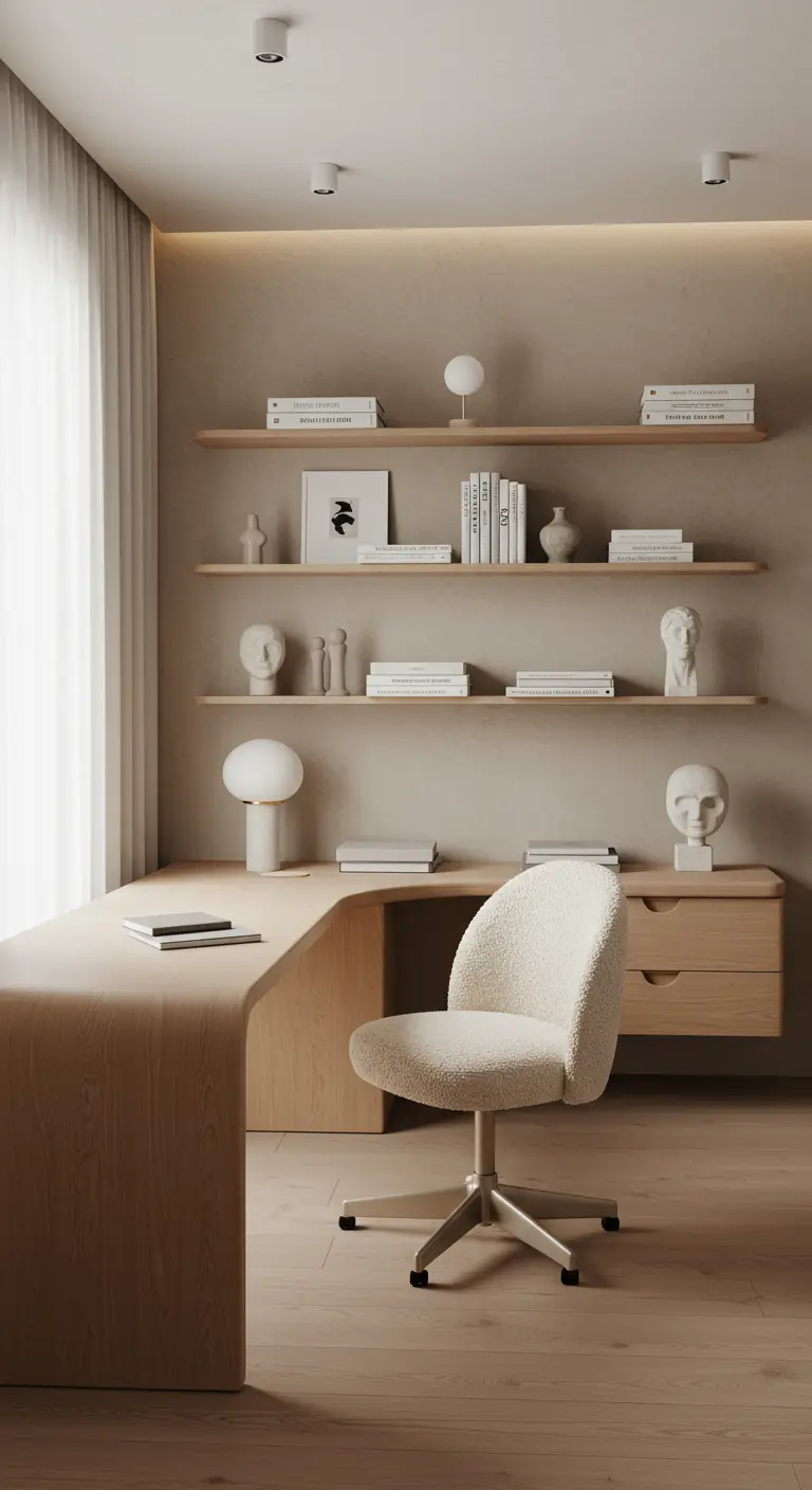 A home office with a curved light wood desk and floating shelves styled with books and ceramics.