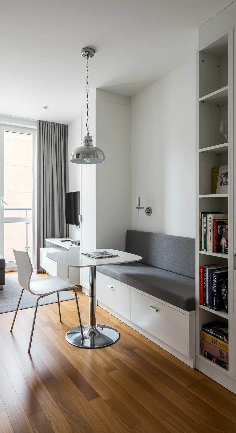 A compact dining nook integrated with a wall of bookshelves in a small apartment.