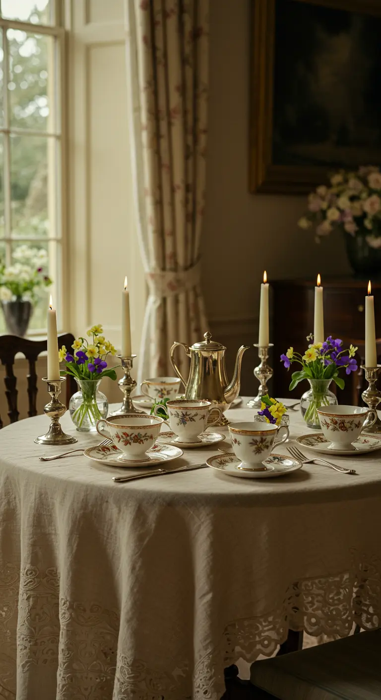 Cozy tea setting for two by a window with a lace-trimmed tablecloth.
