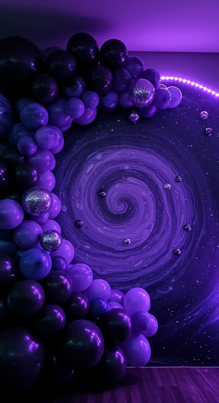 A glowing purple and black balloon arch surrounding a painted galaxy backdrop.